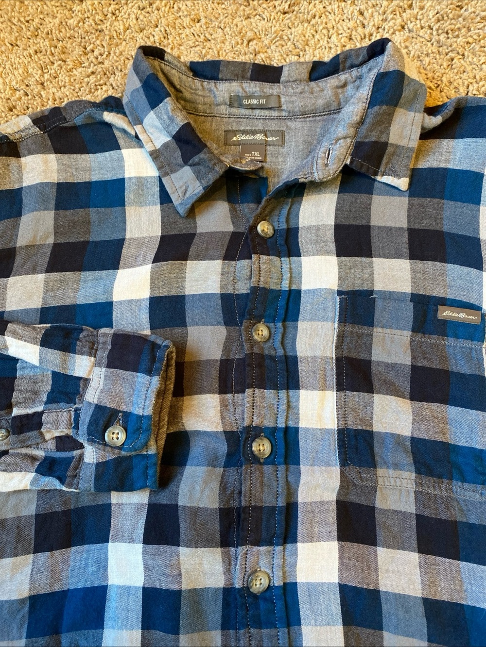 Eddie Bauer Plaid Button Down Shirt Mens TXL Tall Blue Classic Fit Outdoor Gorp